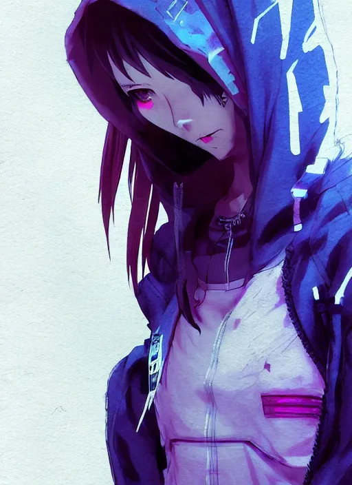 Prompt: cyberpunk anime girl in hoodie, 3 / 4 shot, street night, grafity, realistic face, beautiful face, grafity, arcane, action, tokyo street, detail, good face, pose model, concept art, in style of yoji shinkawa, pan ren wei, col price, atey ghailan, by greg rutkowski, aesthetic