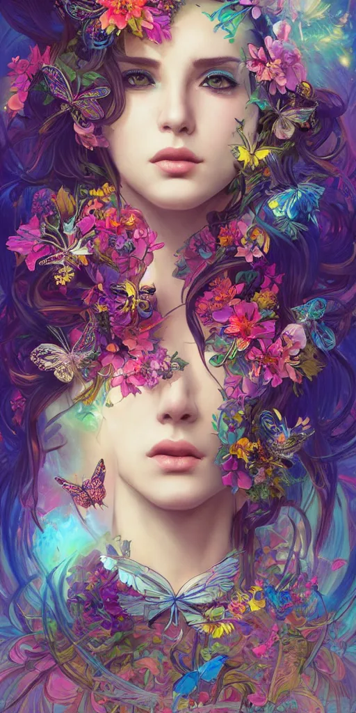 Prompt: adam and ever, intense eyes, tears running down, crying, vaporwave aesthetic, synthwave, colorful, psychedelic, crown, flowers, bees, butterflies, ribbons, ornate, intricate, digital painting, artstation, concept art, smooth, sharp focus, illustration, art by artgerm and greg rutkowski and alphonse mucha