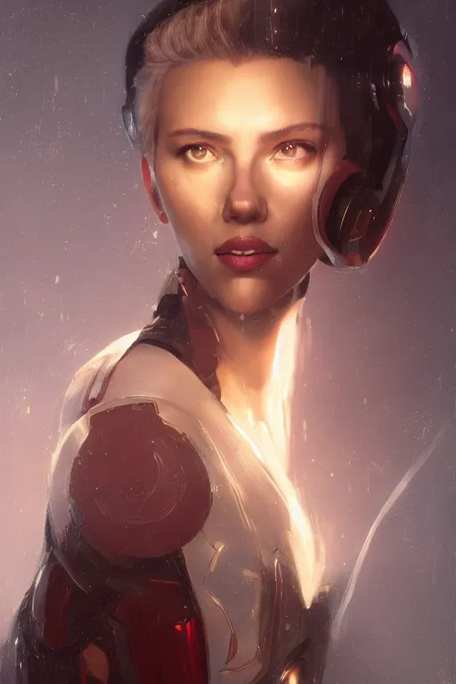 Image similar to a fancy portrait of a Scarlett Johansson as robot by Greg Rutkowski, Sung Choi, Mitchell Mohrhauser, Maciej Kuciara, Johnson Ting, Maxim Verehin, Peter Konig, final fantasy , mythical, 8k photorealistic, cinematic lighting, HD, high details, atmospheric,