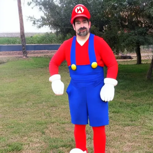 Image similar to a man poorly cosplaying as mario