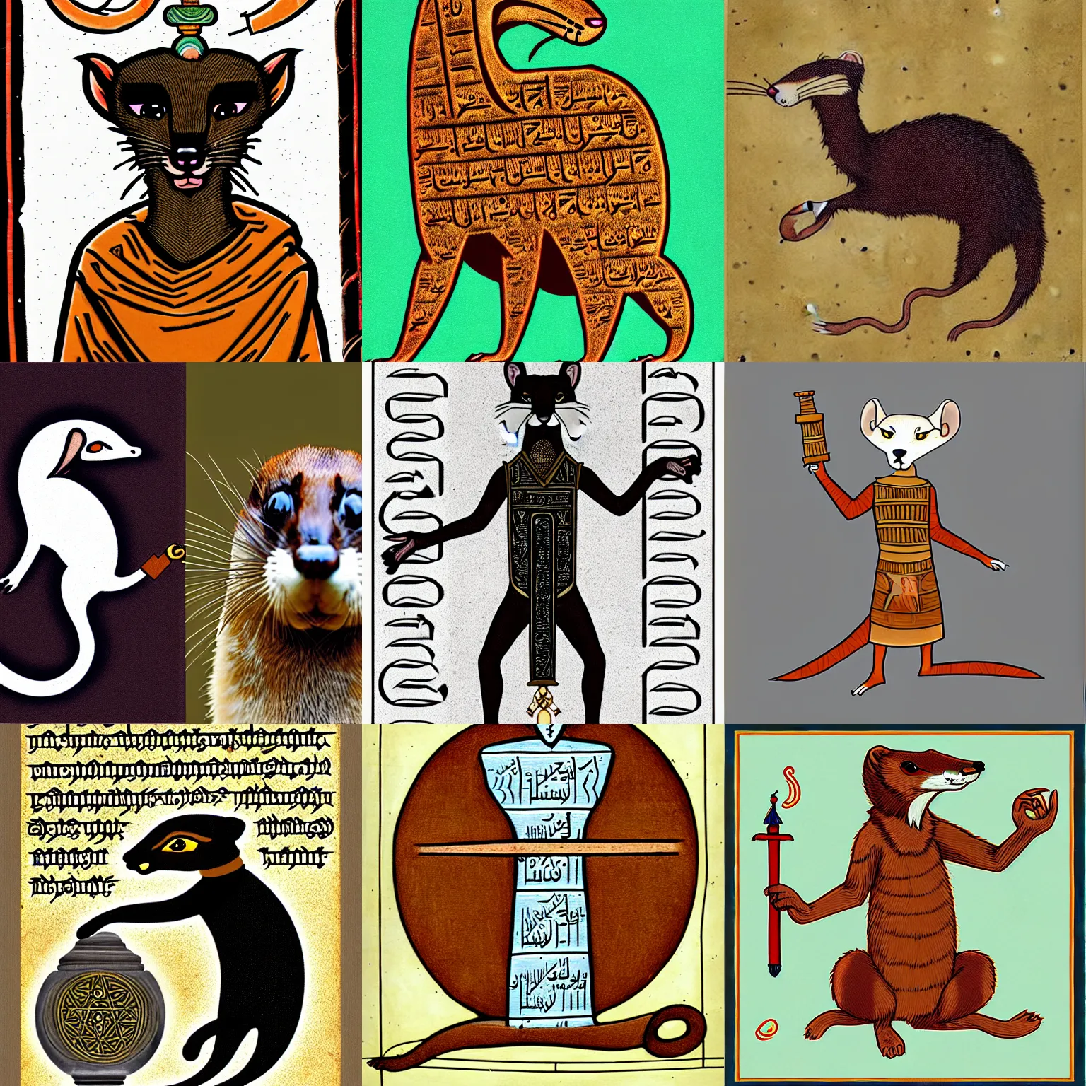 Prompt: my fursuit is clad in the esoteric gnostic script of the library of hammurabi but my fursona is a weasel ( a stoat to be exact )
