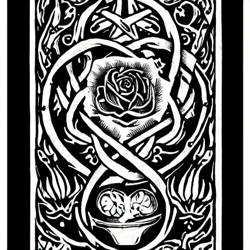 Image similar to xiii tudor rose, white rose of york, tarot, symbol on death card tarot, black and white, illustration