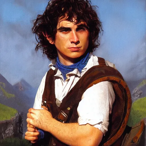 Prompt: close up headshot of a frowning clean shaven pudgy British lad with short curly dark brown hair as a hobbit wearing a white men's crossbody sling chest bag and blue vest, blue vest!! white crossbody chestbag!! high resolution film still, painting by Gerald Brom