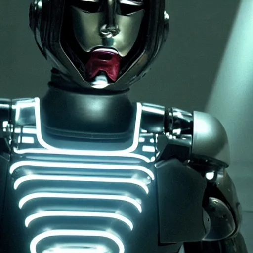 Image similar to movie still of a man with a cyborg helmet made of flowing energy, cinematic composition, cinematic light, by edgar wright and david lynch