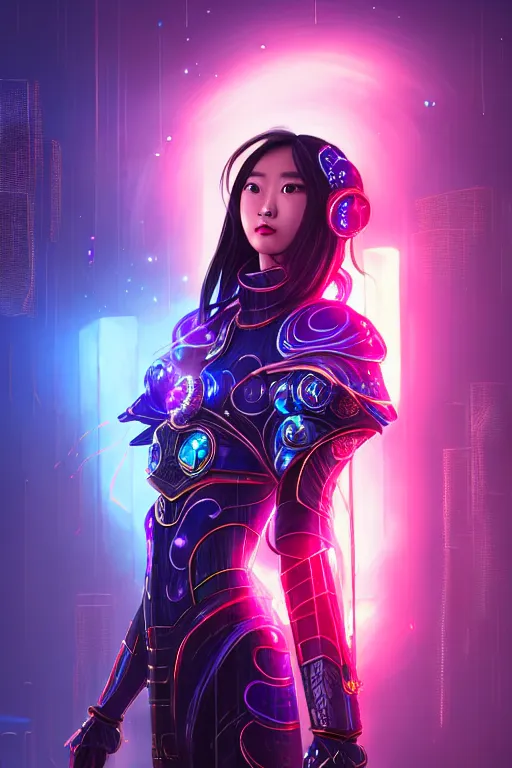 Prompt: portrait futuristic wuxia armor heroine Girl with thunder and fire sparkles and starlight, sword dance in future cyberpunk beijing night rooftop , ssci-fi, fantasy, intricate, very very beautiful, elegant, human structure, neon light, highly detailed, digital painting, artstation, concept art, smooth, sharp focus, illustration, art by tian zi and WLOP and alphonse mucha