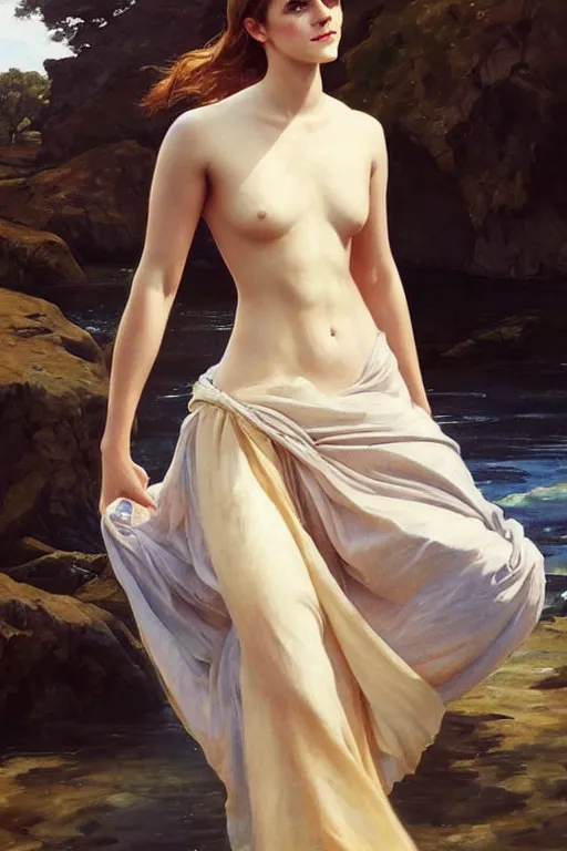 Image similar to a beautiful emma watson wearing a dress emerging from the water, oil on canvas, sensuality, artstation, by j. c. leyendecker and edmund blair leighton and charlie bowater, instagram photo