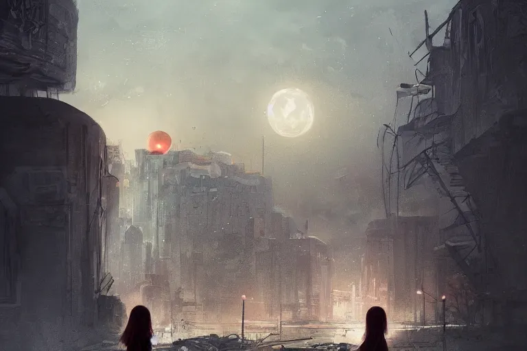 Prompt: a beautiful illustration of a lonely girl against the background of a ruined city and a red moon, artstation, by Frederik Heyman, extremely detailed, artstation, cgsociety