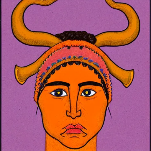 Image similar to illustrated portrait of ugly ram-horned woman with orange skin