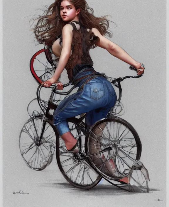 Image similar to portrait of barbara palvin in denim shorts riding a bicycle, full body, intricate, elegant, highly detailed, digital painting, artstation, concept art, art by artgerm and greg rutkowski and alphonse mucha