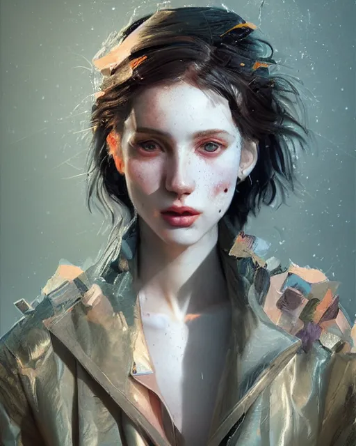 Prompt: olivia wearing a laminated jacket, half body portrait, 3 d animation, black hair, freckles, pale skin, photo by greg rutkowski, risque fashion, female beauty, intricate detail, elegance, sharp shapes, soft lighting, vibrant colors, masterpiece