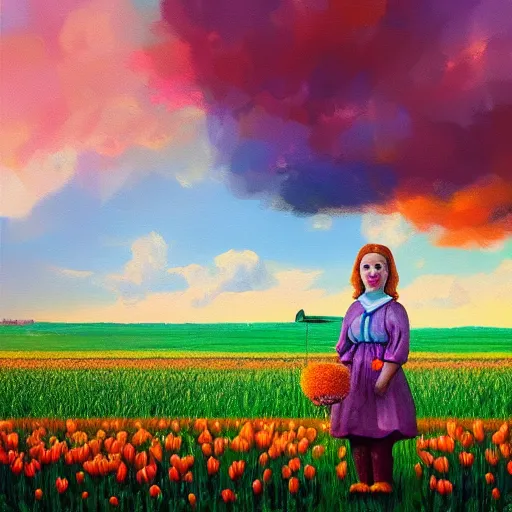 Image similar to dutch girl with singular giant tulip as a face, surreal photography, flower field, sunset dramatic light, impressionist painting, colorful clouds, blue sky, digital painting, artstation, simon stalenhag