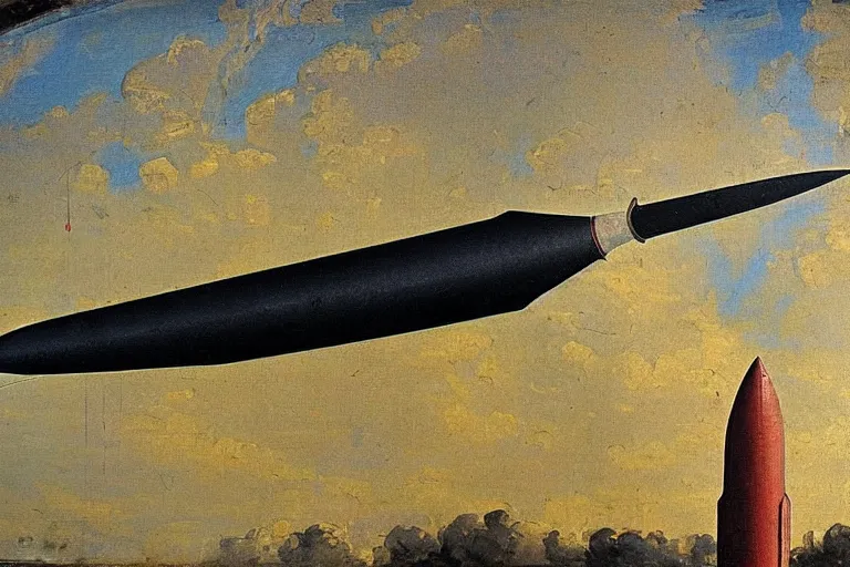 Prompt: medieval elegant painting of a icbm missile, oil painting