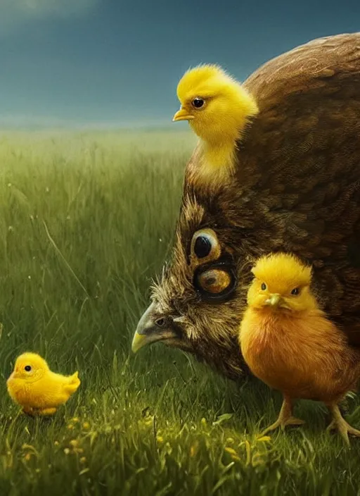 Image similar to a hen and her two cute small yellow chicks on a meadow, mama movie poster by nuri iyem, james gurney, james jean, greg rutkowski, anato finnstark. pixar. hyper detailed, 5 0 mm, award winning photography,