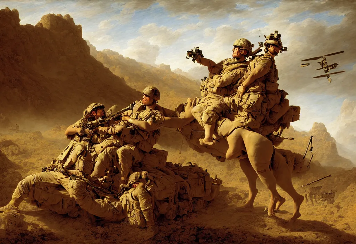 Prompt: afghanistan war portrait, majestic, humvee, drones in the sky, us navy seals, m 1 abrams tank, desert, fine art portrait painting, strong light, clair obscur, by jean honore fragonard, by peter paul rubbens, by jacques louis david