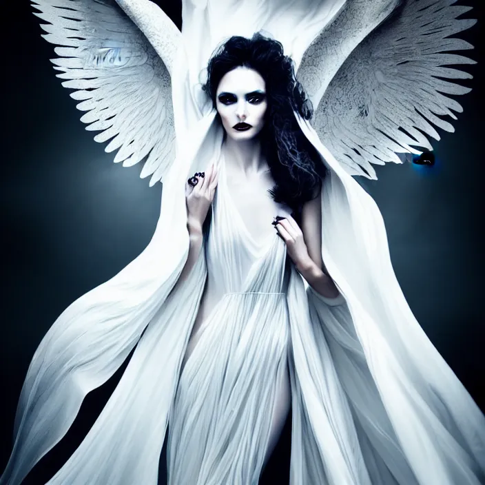 Prompt: photo portrait of a beautiful woman like a dark fallen angel, total body dressed in long elegant intricate ornamental white dress, fine art photography by Giovanni Gastel, professional studio dramatic lighting, volumetric lighting, dramatic colors scheme , hyper realistic photography in style of Vogue Fashion magazine