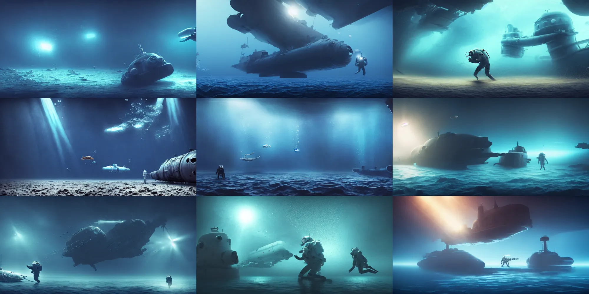 Prompt: astronaut underwater desert scene with air bubbles, crab smoke monster grabbing the astronaut, attacked submarine in background. dark, concept art, cinematic, dramatic, atmospheric, peacefull, 8 k, blue, fish, low visibility, fog, ocean floor, by denis villeneuve