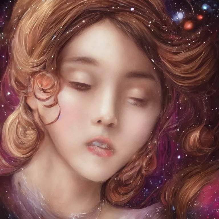 Image similar to a beautiful photorealistic portrait of a singular inspirit girl on whose head a space and cosmic places like ganache, planets like a whipped frosting or filling made with semisweet chocolate and cream, used for cakes, pastries, and candies, highly detailed, fantasy art, art work