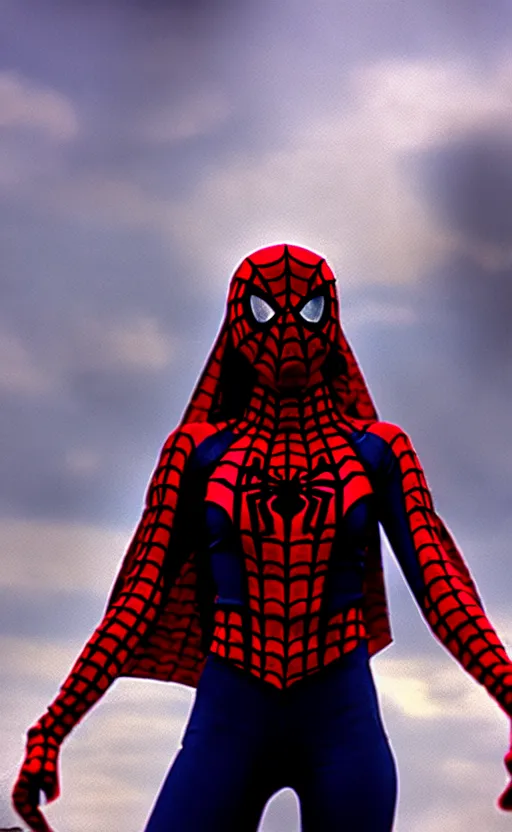 Image similar to film still of Spiderwoman standing heroic ,post apocalyptic, symmetrical