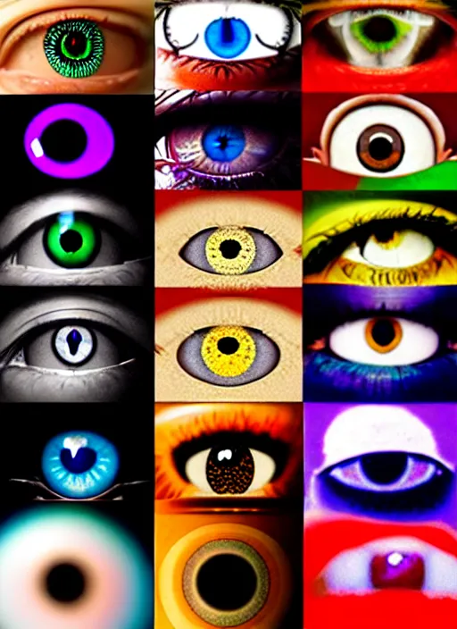 Image similar to diverse eyes!, centered dot pupil, round pupil, happy smiling human eye, round iris, advanced art, art styles mix, from wikipedia, eye relections