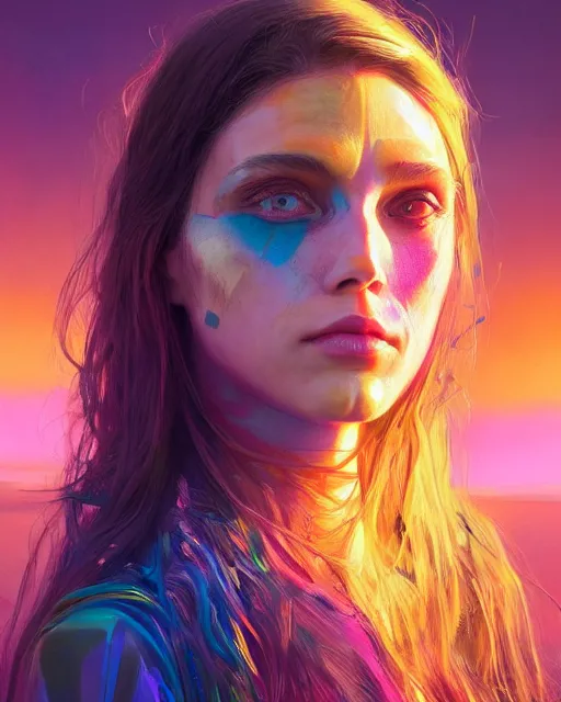 Image similar to colorful portrait of a brunette hippie, but set in the future 2 1 5 0 | highly detailed | very intricate | symmetrical | professional model | cinematic lighting | award - winning | painted by mandy jurgens | pan futurism, dystopian, bold psychedelic colors, cyberpunk, anime aesthestic | featured on artstation