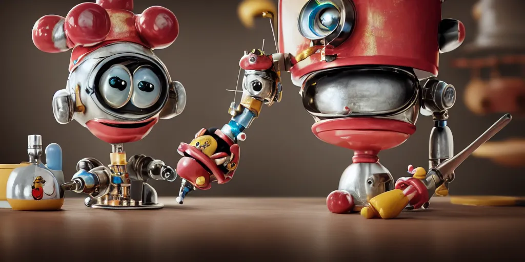 Image similar to closeup portrait of tin toy retro robot mad scientists cooking pastry in a kitchen, depth of field, zeiss lens, detailed, centered, fashion photoshoot, by nicoletta ceccoli, mark ryden, lostfish, breathtaking, 8 k resolution, extremely detailed, beautiful, establishing shot, artistic, hyperrealistic, octane render