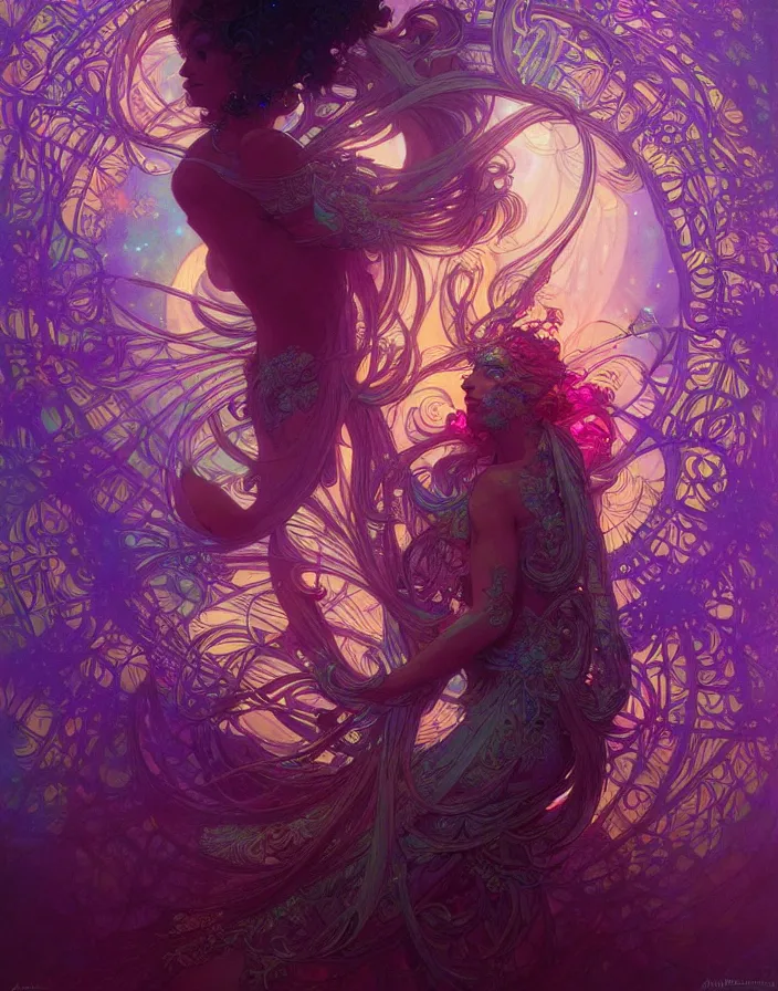 Image similar to psychedelic acid trip, blacklight reactive, fantasy, intricate, elegant, highly detailed, digital painting, artstation, concept art, matte, sharp focus, illustration, art by Artgerm and Greg Rutkowski and Alphonse Mucha