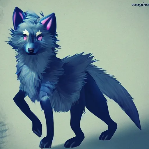 Image similar to dieselpunk furry blue wolf with fluffy tail, fantasy, artstation