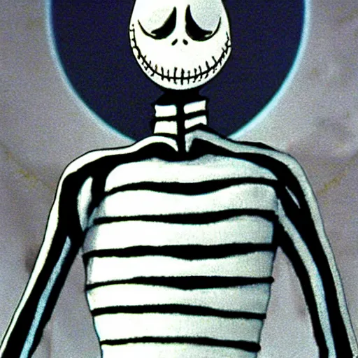 Image similar to Jack Skellington from Tim Burtons Nightmare Before Christmas on the bridge of the USS Enterprise