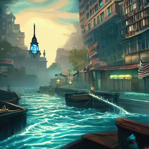 Prompt: beautiful water city in the style of a bioshock infinite screenshot, concept art, artstation, deviantart, behance, highly detailed