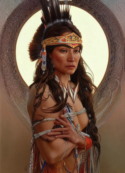 Image similar to Gina Tores as a beautiful native warrior woman, intricate, elegant, highly detailed, centered, digital painting, artstation, concept art, smooth, sharp focus, illustration, art by artgerm and donato giancola and alphonse mucha