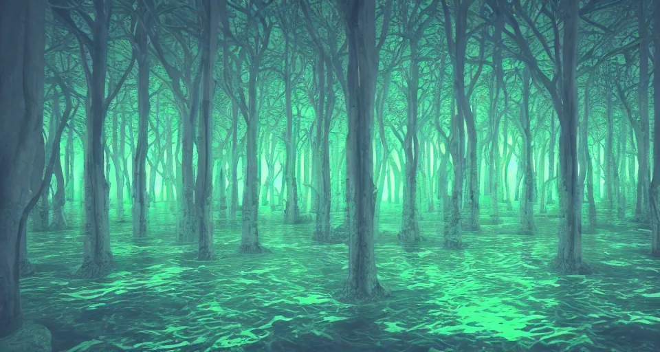 Prompt: 3d Render of neon deep sea forest, grainy, noisy