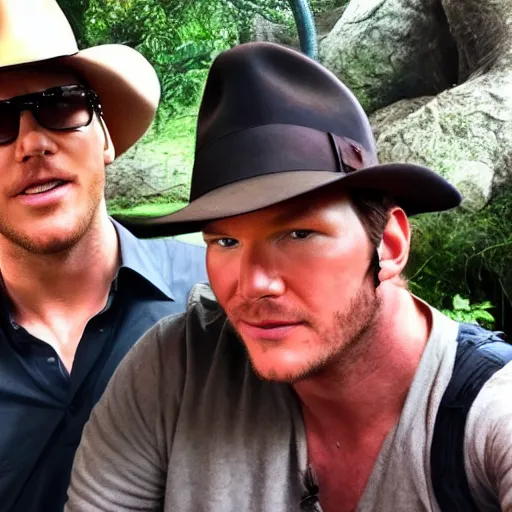 Image similar to chris pratt as indiana jones taking a selfie with harrison ford, instagram, cinematic, natural lighting, genuine smile