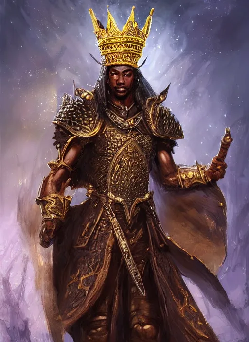 Image similar to black human king wearing a crown, gold, ultra detailed fantasy, dndbeyond, bright, colourful, realistic, dnd character portrait, full body, pathfinder, pinterest, art by ralph horsley, dnd, rpg, lotr game design fanart by concept art, behance hd, artstation, deviantart, hdr render in unreal engine 5