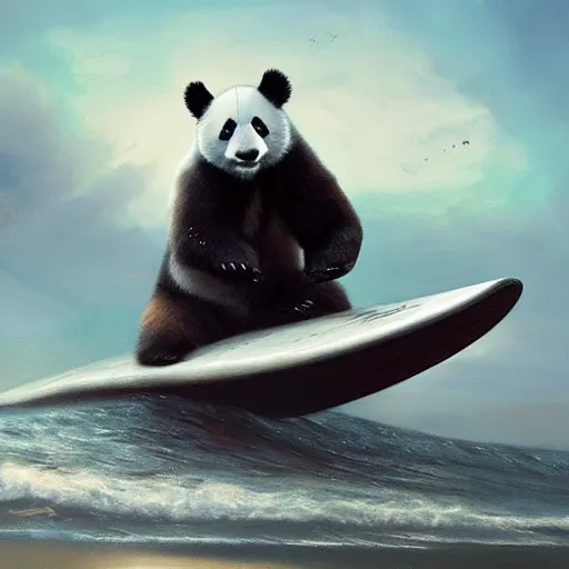 Image similar to a panda on a surf board, high detail, dramatic light, digital art, painted by seb mckinnon, painted by greg rutkowski, trending on artstation