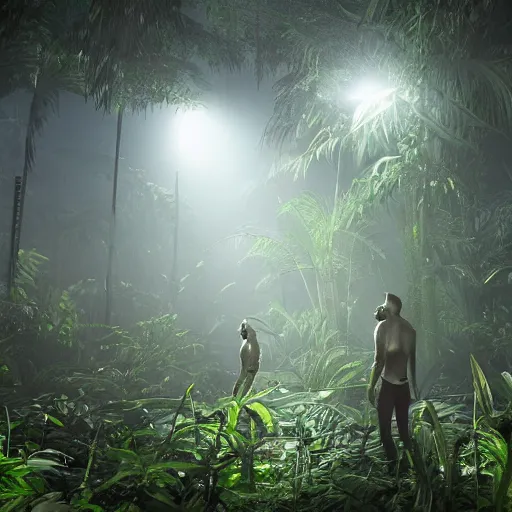 Image similar to « dark jungle, group of persons exploring with lamps, far view, unreal engine 5, photorealistic »