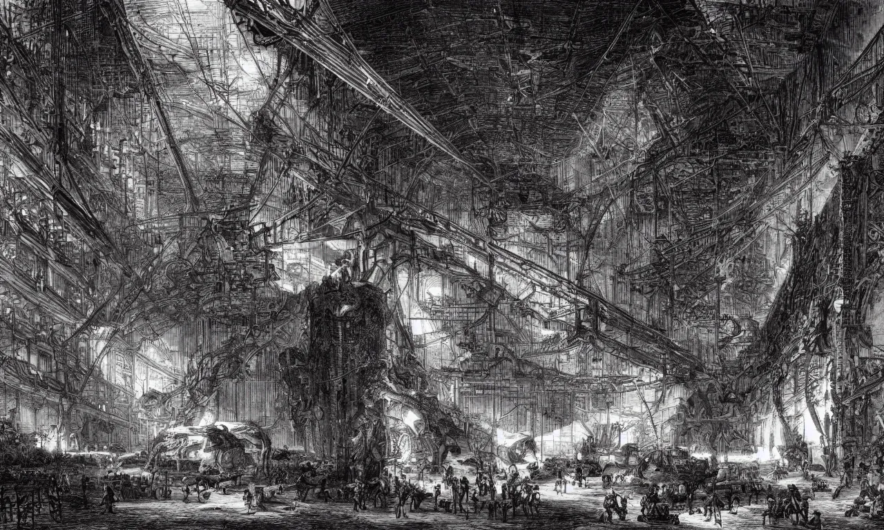 Image similar to dark glowing cargo hall and corridors of huge space ship halls cages with strange animals detailed piranesi lithography