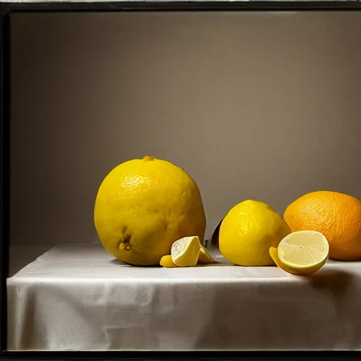 Prompt: still life with various fruits including lemons, silver collodion large format photography