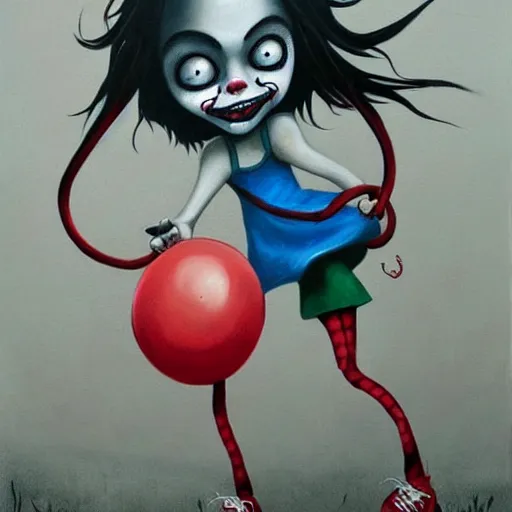 Prompt: grunge cartoon painting of a little girl playing with a jump rope with a wide smile and a red balloon by chris leib, loony toons style, pennywise style, corpse bride style, horror theme, detailed, elegant, intricate