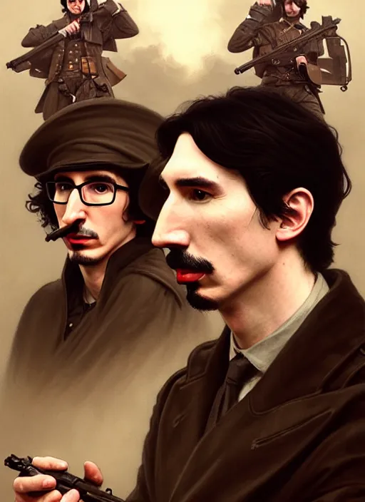 Prompt: a portrait of john oliver and adam driver posing together, stoic, military uniform, fantasy, centered, dark, smoke, fog, art by artgerm and greg rutkowski and alphonse mucha