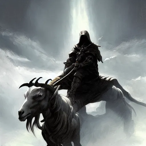 Image similar to hooded knight riding a goat by frank frazetta, flowing cape, dynamic pose, chiaroscuro, fantasy, very detailed, dungeons & dragons, sharp focus, striking, artstation contest winner, detailed