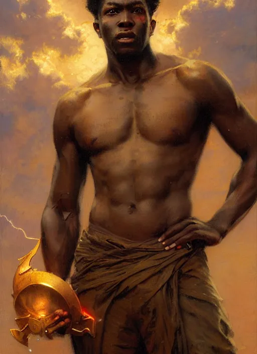 Image similar to young black man, god of lightning, powerful, smug expression, highly detailed painting by gaston bussiere, craig mullins, j. c. leyendecker 8 k, sparkling storm clouds