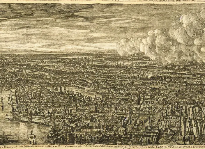 Prompt: detail from Hollar’s Panoramic view of the Great Fire of London, 1647