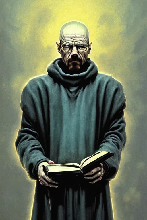 Image similar to painting of walter white as a cloaked tech priest holding a book, adeptus mechanicus!, cybernetic enhancements attached to his body, praise the omnissaiah, zdzislaw beksinski, lewis jones, mattias adolfsson, warhammer 4 0 k!!, cold hue's, warm tone gradient background, concept art, digital painting