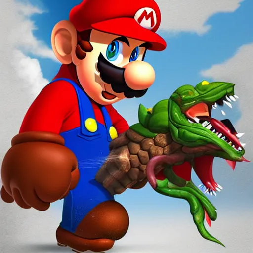 Prompt: mario fighting a basilisk. digital art, behance, artstation.