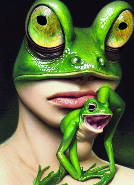 Image similar to hyper realistic portrait of my ethereal waifu cute innocent green slimy alien female froggy lady, played by ana de armas, with adorable uwu eyes painted by greg rutkowski, wlop, 7 0 s scifi