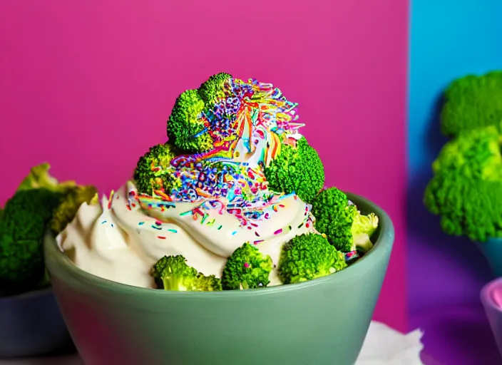 Image similar to food photo still of soft serve swirled frozen yogurt topped with broccoli and rainbow sprinkles, 8 5 mm f 1. 8 studio lighting