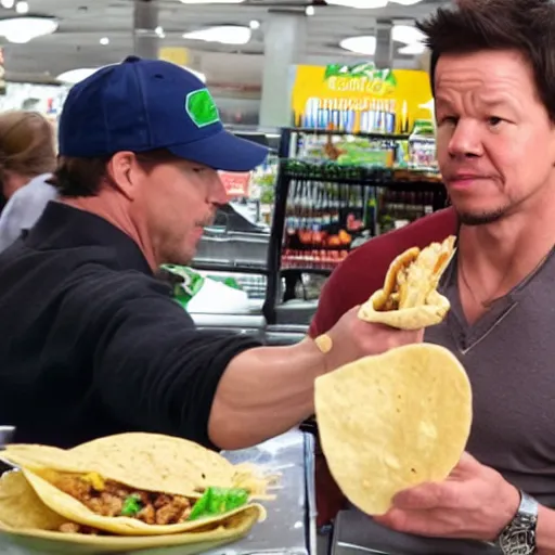 Prompt: mark wahlberg eating a taco at a supermarket