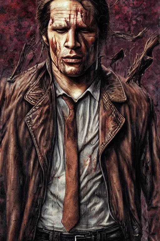 Prompt: a bloody and beaten man in a brown leather jacket in the style of of true detective. art by tomasz alen kopera and glenn fabry.