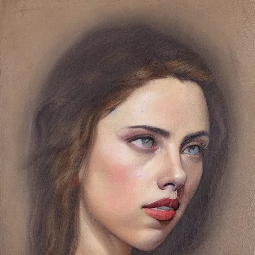 Prompt: a finished, detailed side view portrait painting of a very young italian woman resembling scarlett johansson and ana de armas, by sandro boticelli