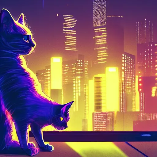 Prompt: cyberpunk cat, neon glow, city in the background, high quality, high detailed